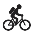 Black icon of a person riding a bicycle with a backpack on a white background